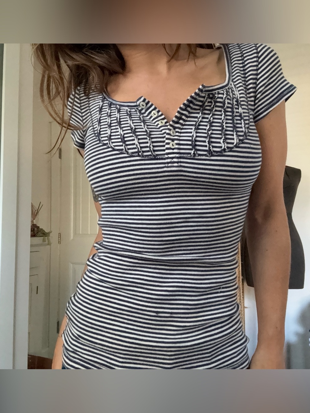 Vintage Y2K Aeropostale Navy Striped Pintuck Henley Baby Tee M